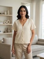 Cream Textured V-Neck Short Sleeve Top