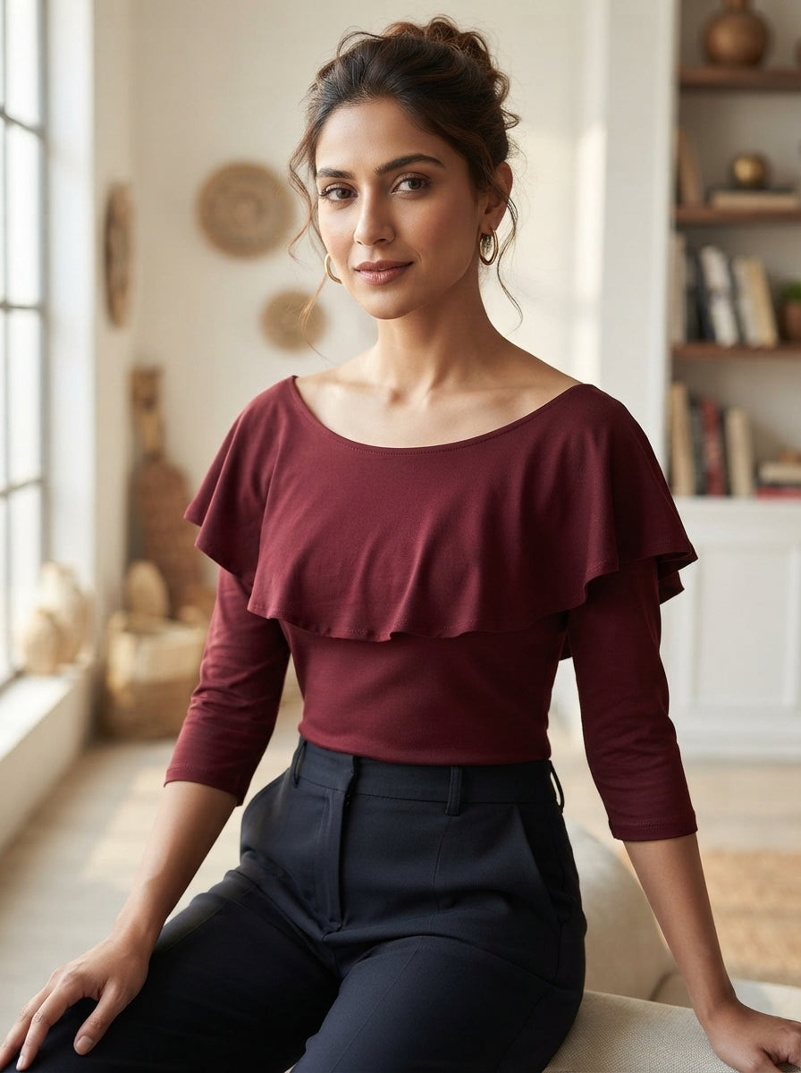 Women's Maroon Solid Regular Fit Ruffled Top