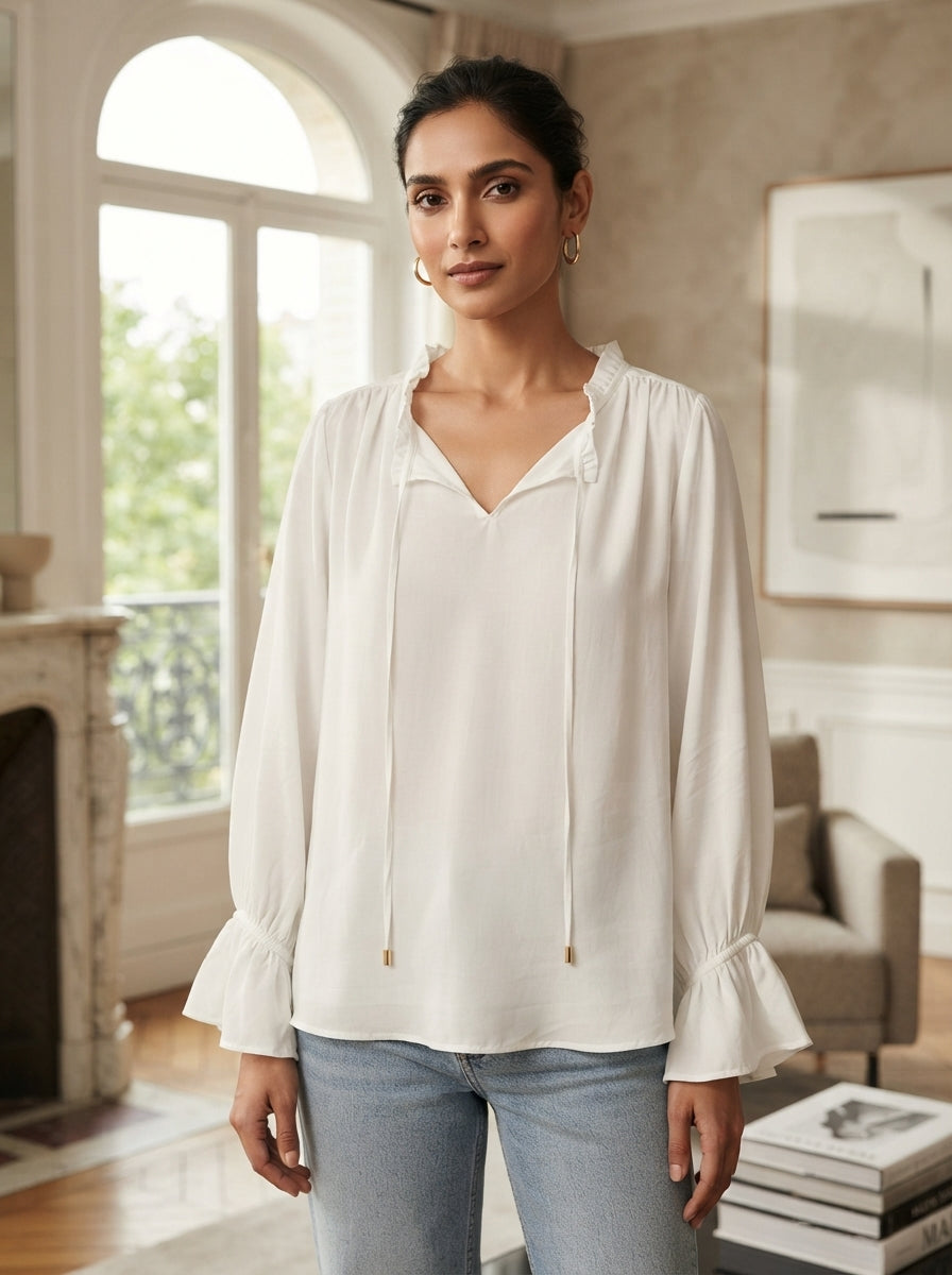 White Relaxed Fit Ruffled Blouse
