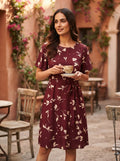 Burgundy Floral Printed Tie-Waist Regular Fit Dress