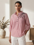 Women's Striped Ruffled Neck 3/4 Sleeve Top - Wine & White