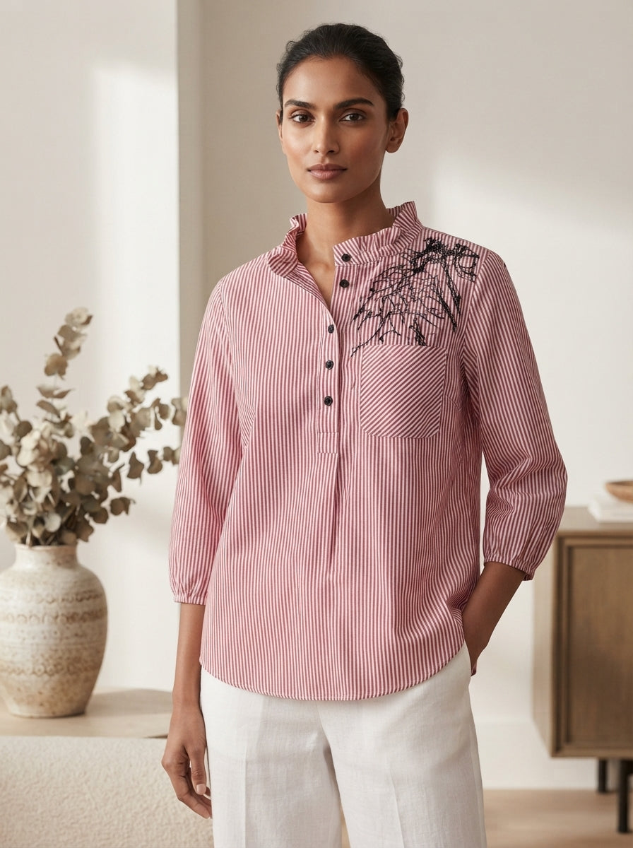 Women's Striped Ruffled Neck 3/4 Sleeve Top - Wine & White