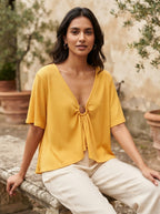 Women's Yellow Textured V-Neck Ring Detail Top