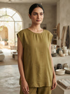 Women's Olive Green Solid Sleeveless Relaxed Fit Top