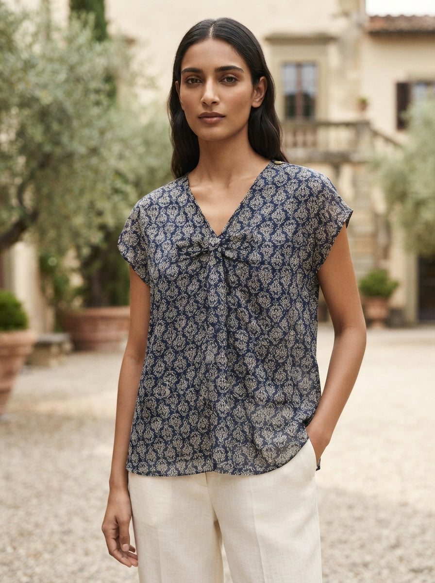 Navy Blue Printed V-Neck Casual Top