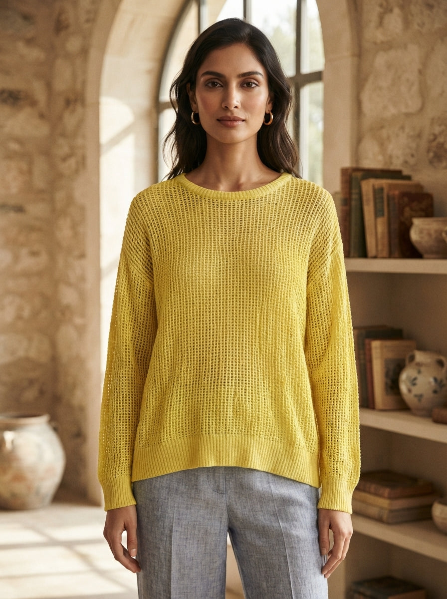Yellow Textured Knit Relaxed Fit Sweater