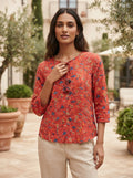 Red Floral Printed 3/4 Sleeve Top