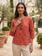 Red Floral Printed 3/4 Sleeve Top