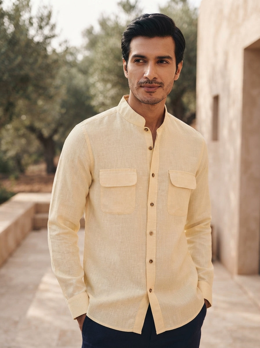 Beige Straight Fit Celestial Mandarin Shirt