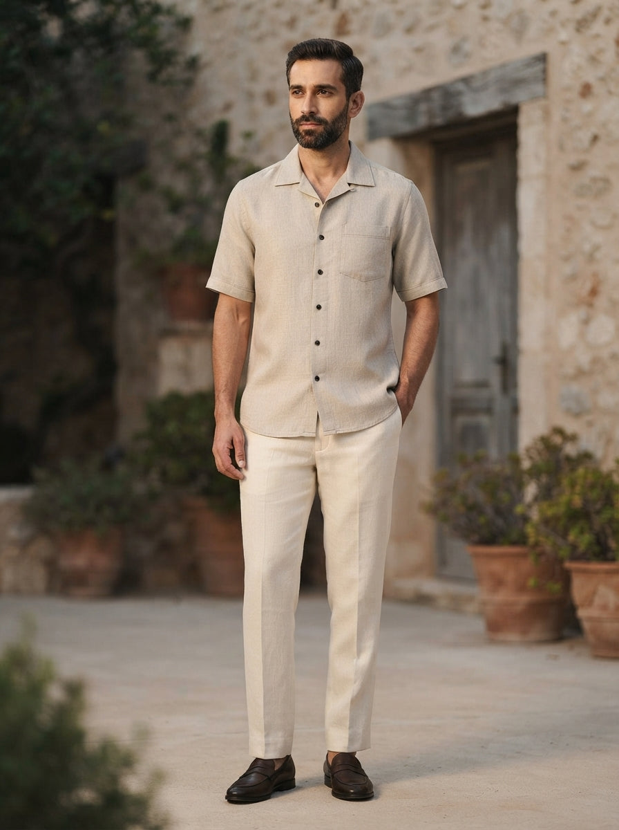 Oatmeal Relaxed Cuban Collar Palm Shirt