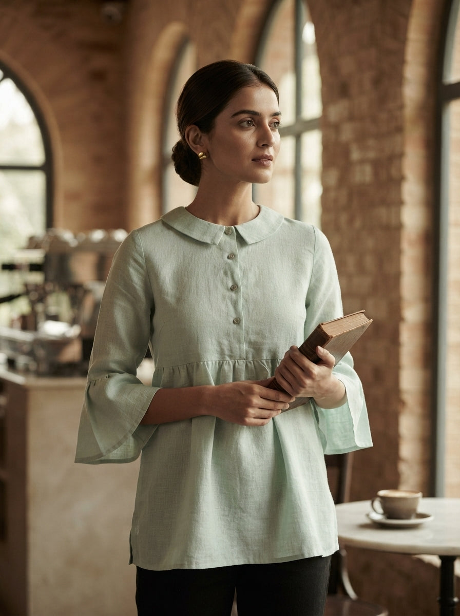 Mint Relaxed Fit Bridge Gathered Top