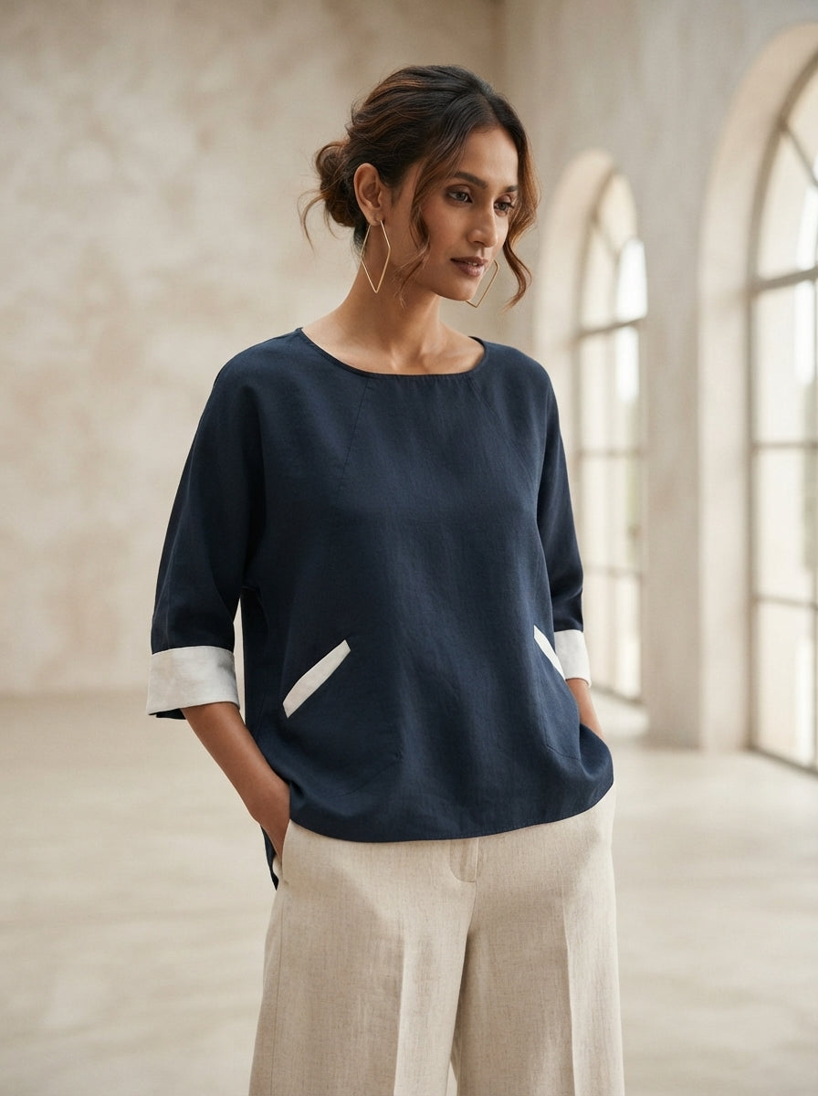 Navy Soar Kimono Sleeve Top