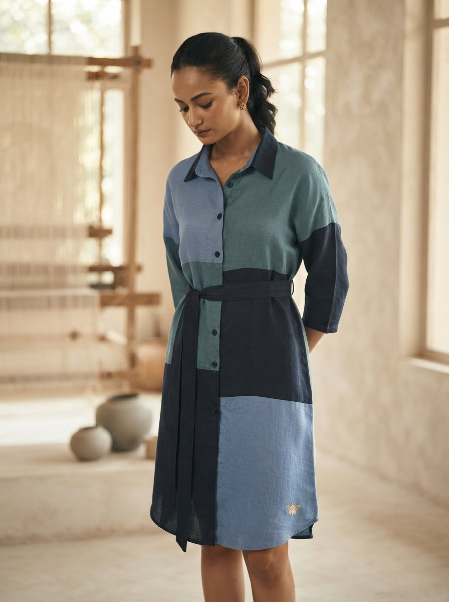 Blue Oversized Reed Shirt Dress
