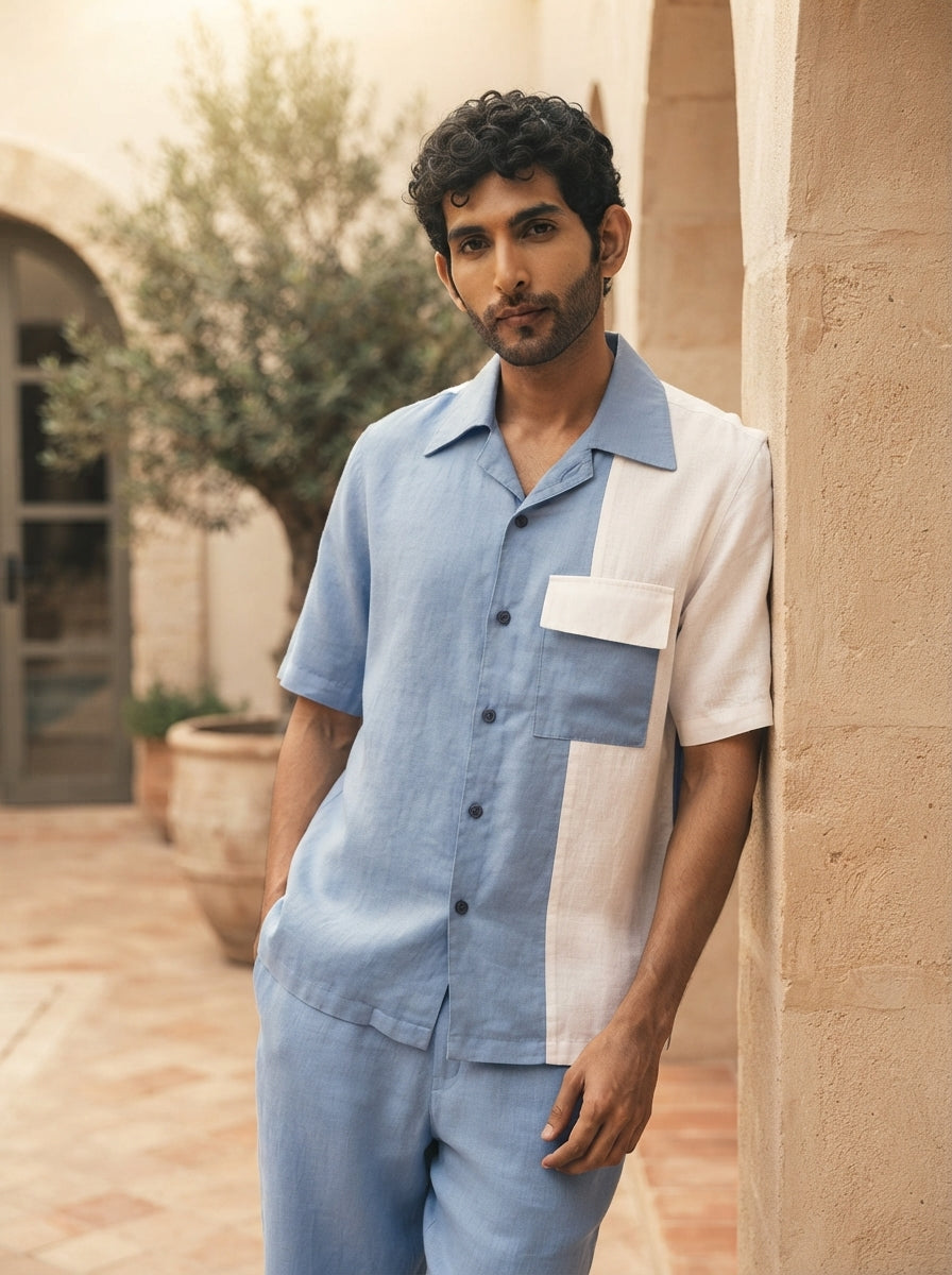 Blue Cuban Collar Aqua Colorblock Shirt