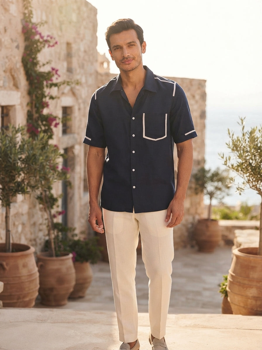 Navy Relaxed Cuban Collar Palm Shirt