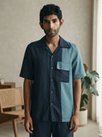 Navy Cuban Collar Aqua Colorblock Shirt