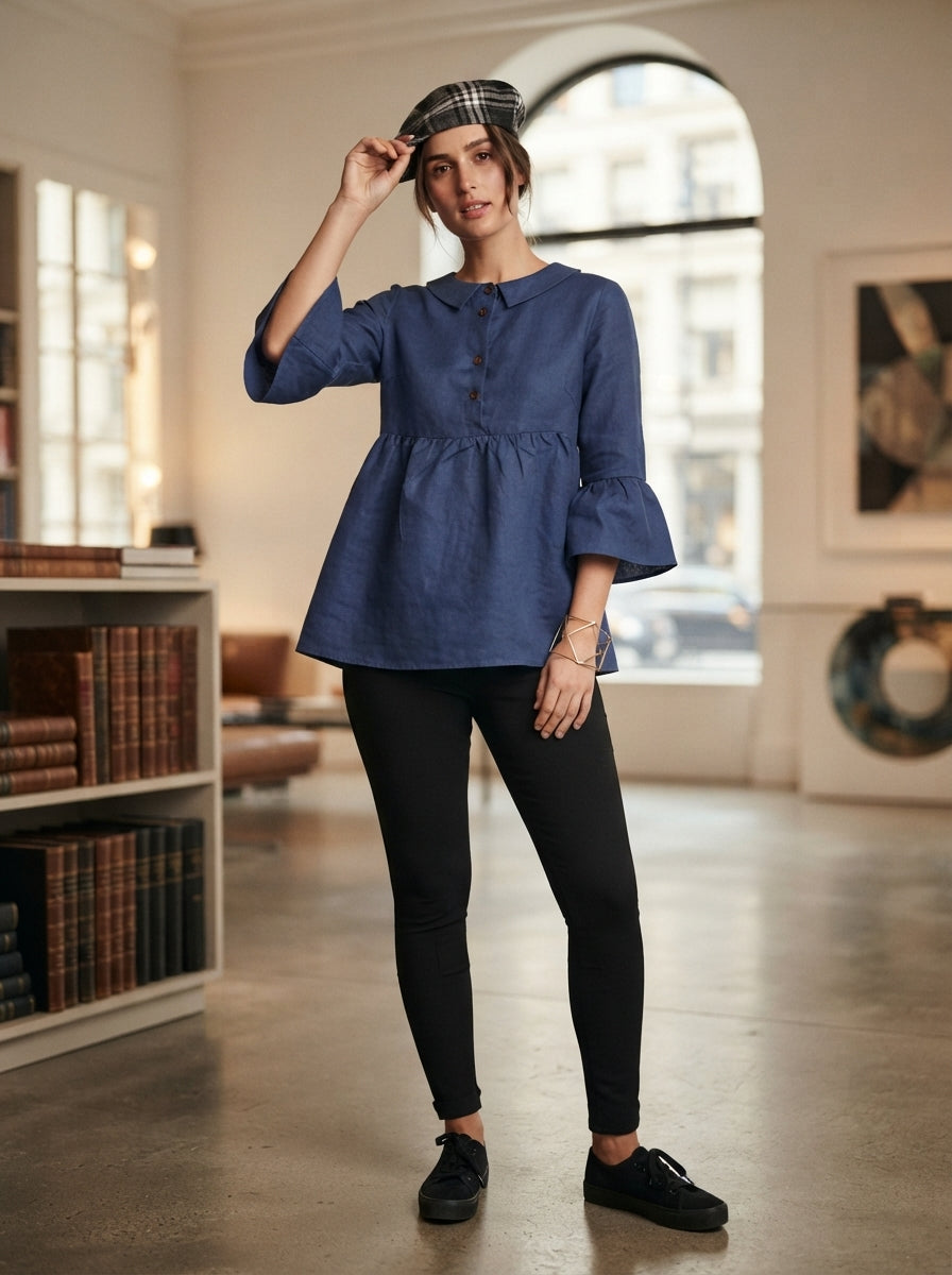 Navy Relaxed Fit Bridge Gathered Top