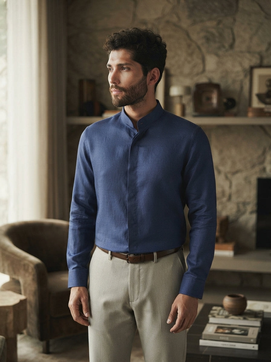 Navy Mandarin Collar Origin Shirt