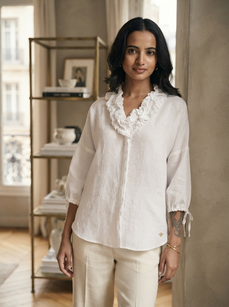 White Classic Oversized Coral Ruffle Shirt