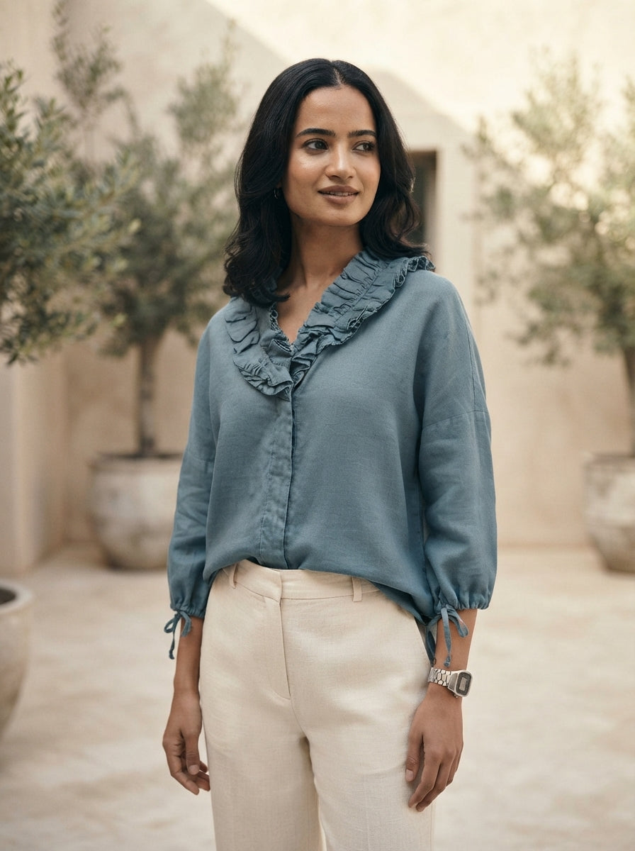 Blue Oversized Coral Ruffle Shirt