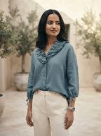 Blue Oversized Coral Ruffle Shirt