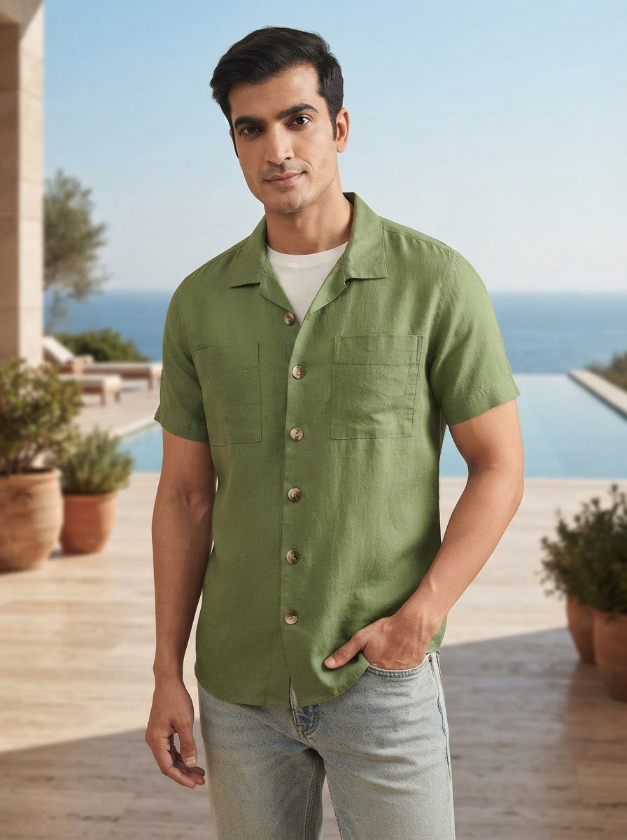Olive Green Cuban Collar Oasis Shirt