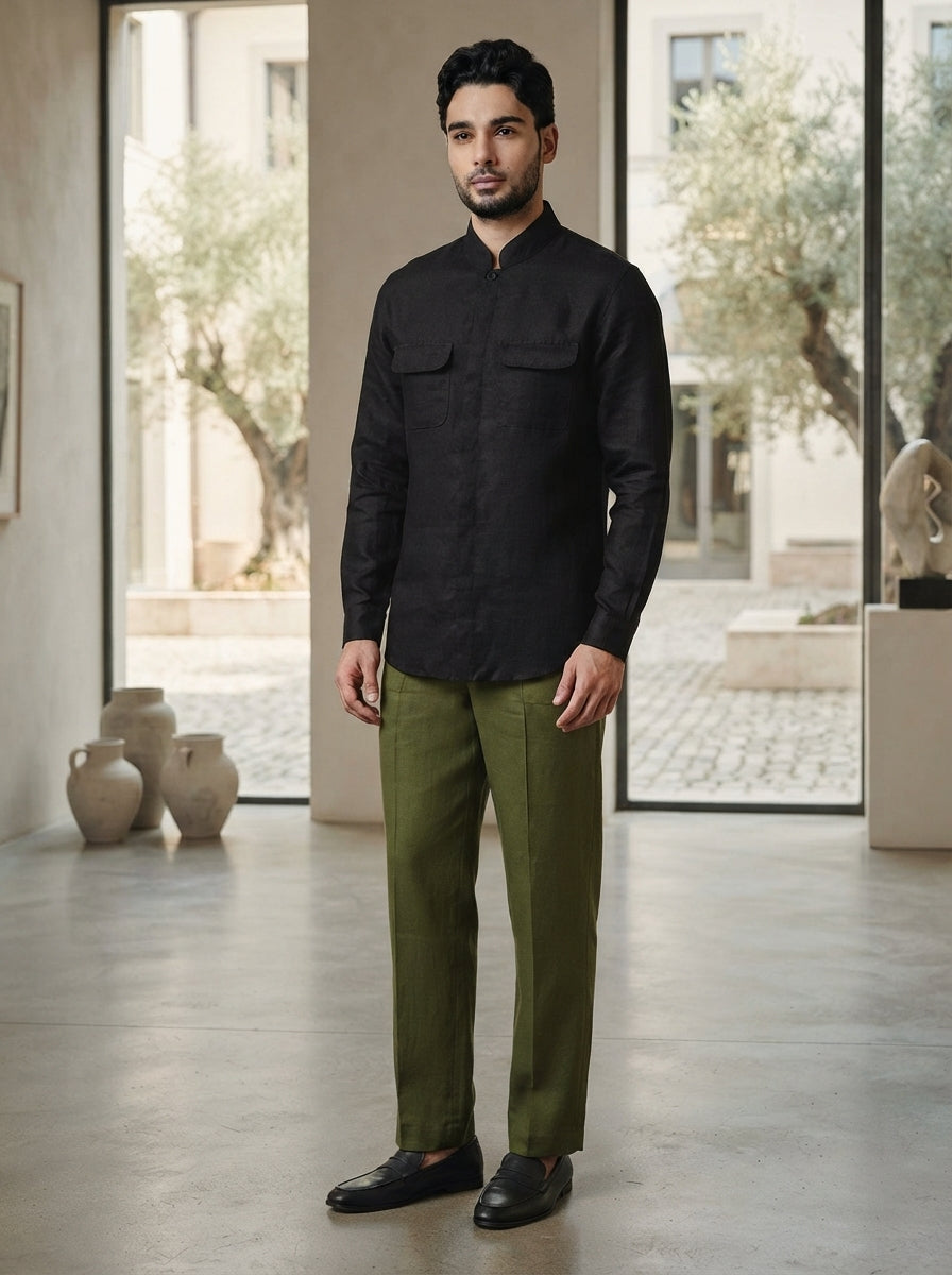 Black Straight Fit Celestial Mandarin Shirt