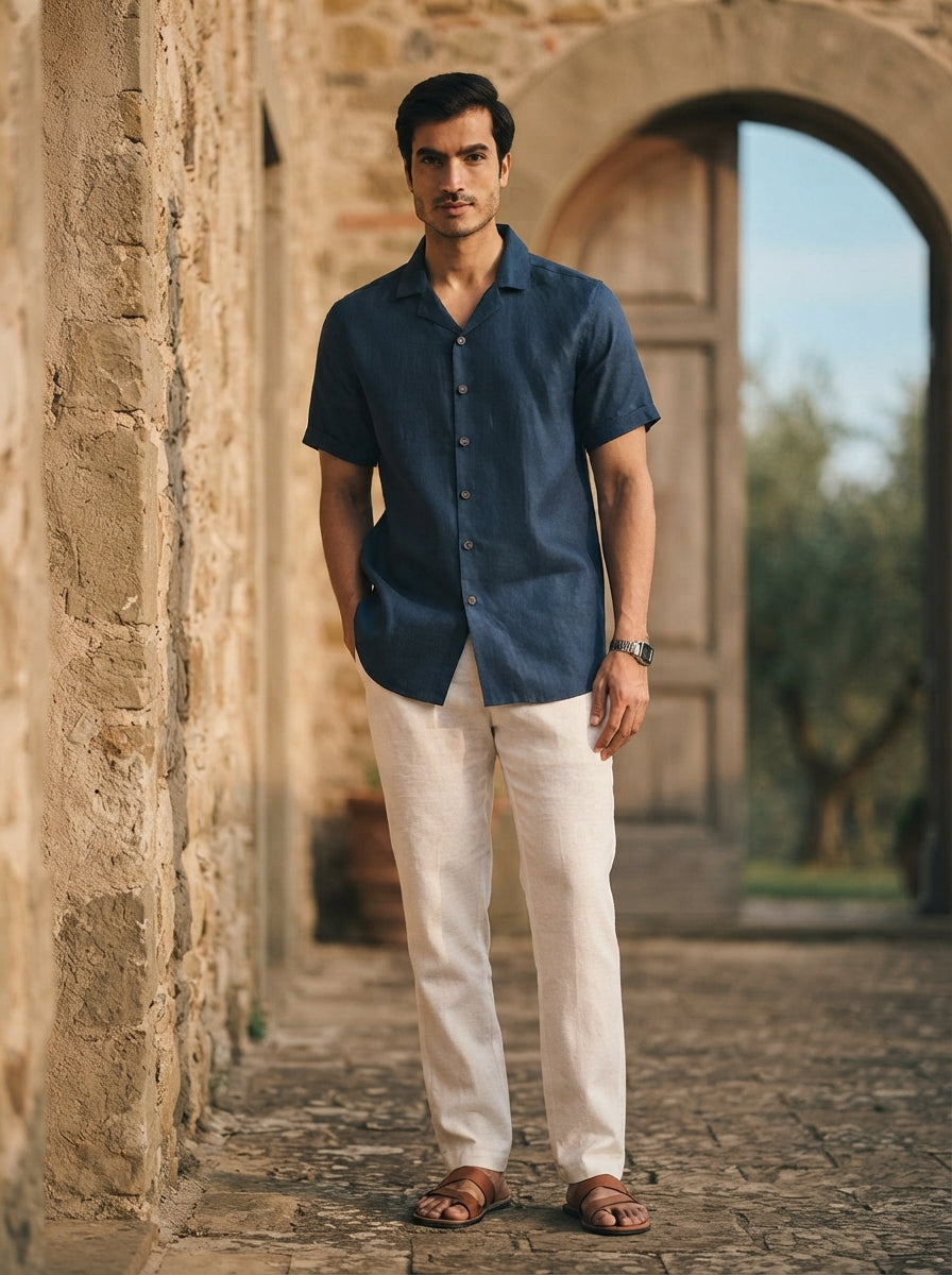 Navy Cuban Collar Arrow Shirt
