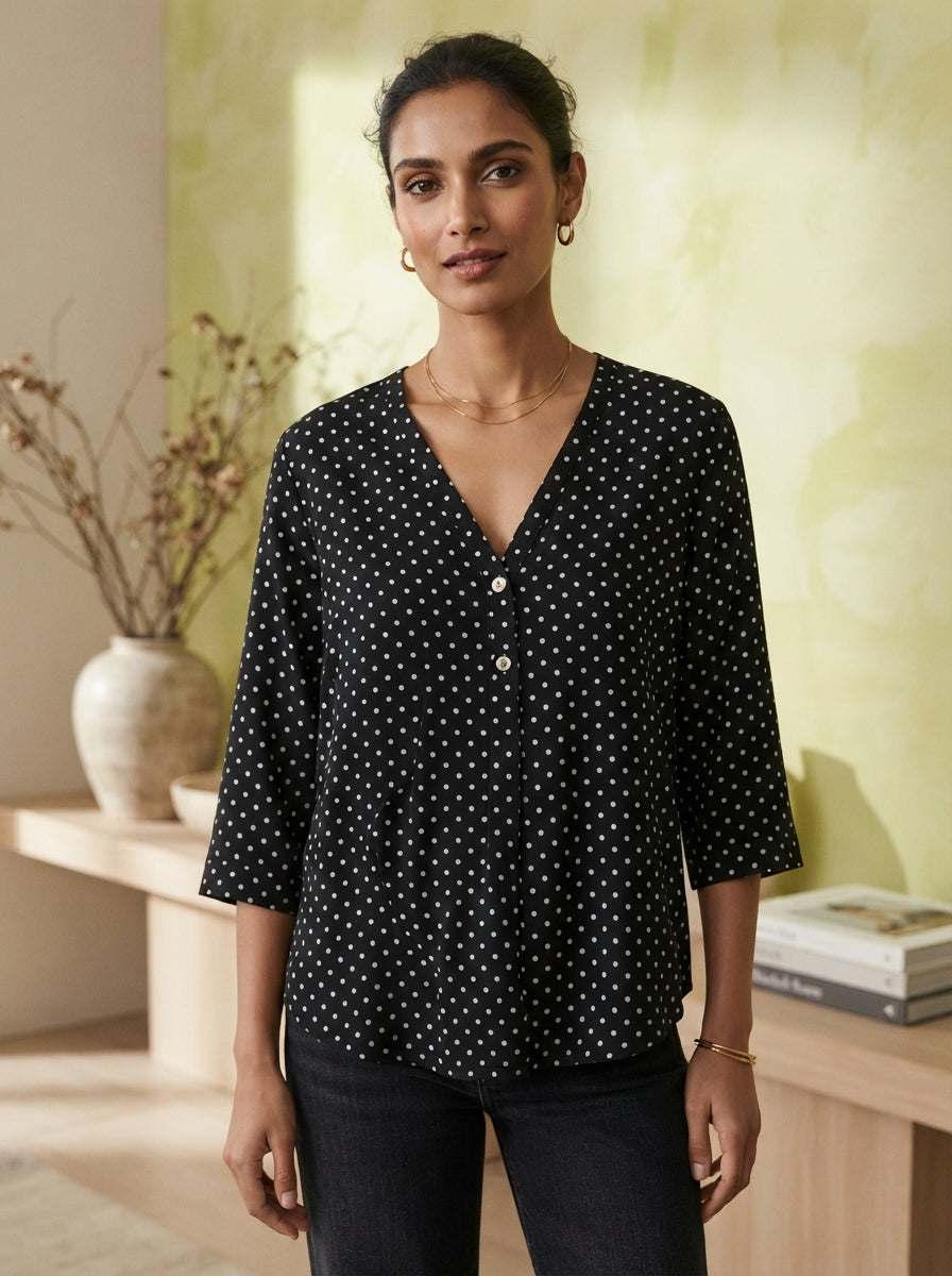 Women's Black Polka Dot V-Neck Relaxed Fit Top