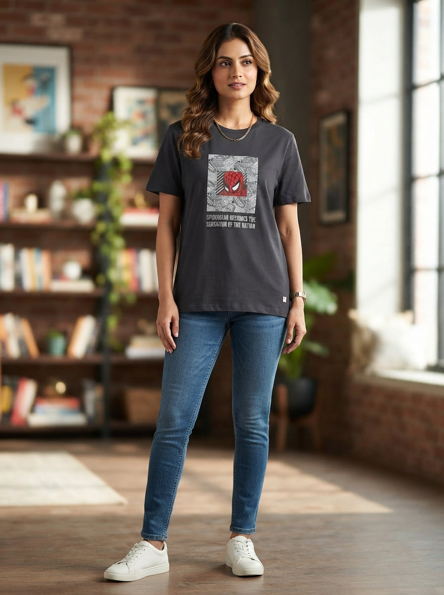 Van Heusen Charcoal Spider-Man Graphic Print T-Shirt