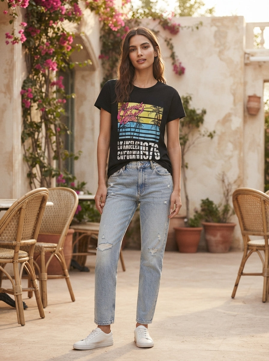 Black Graphic Print Round Neck T-shirt