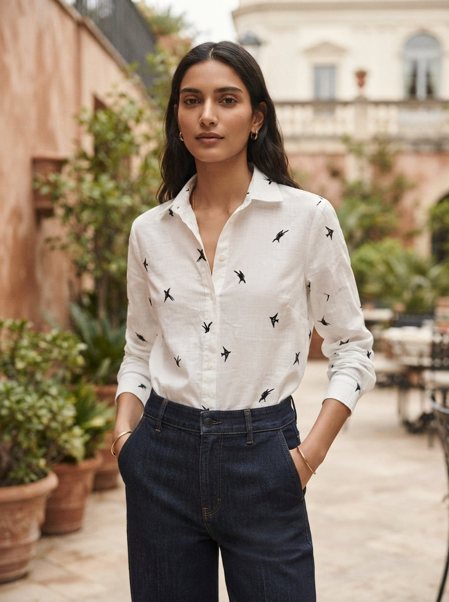 White Printed Full Sleeve Casual Shirt