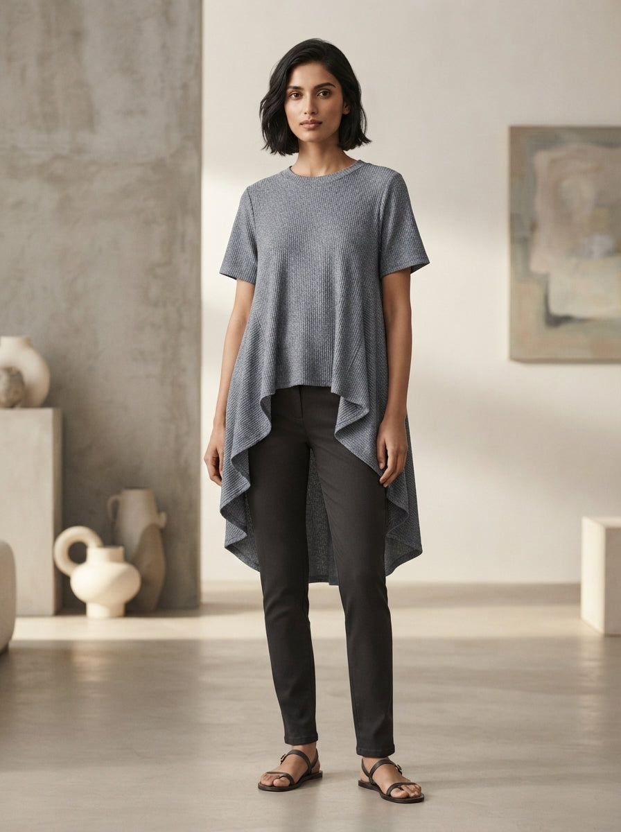 Grey Solid Ribbed Knit Asymmetric Hem Top