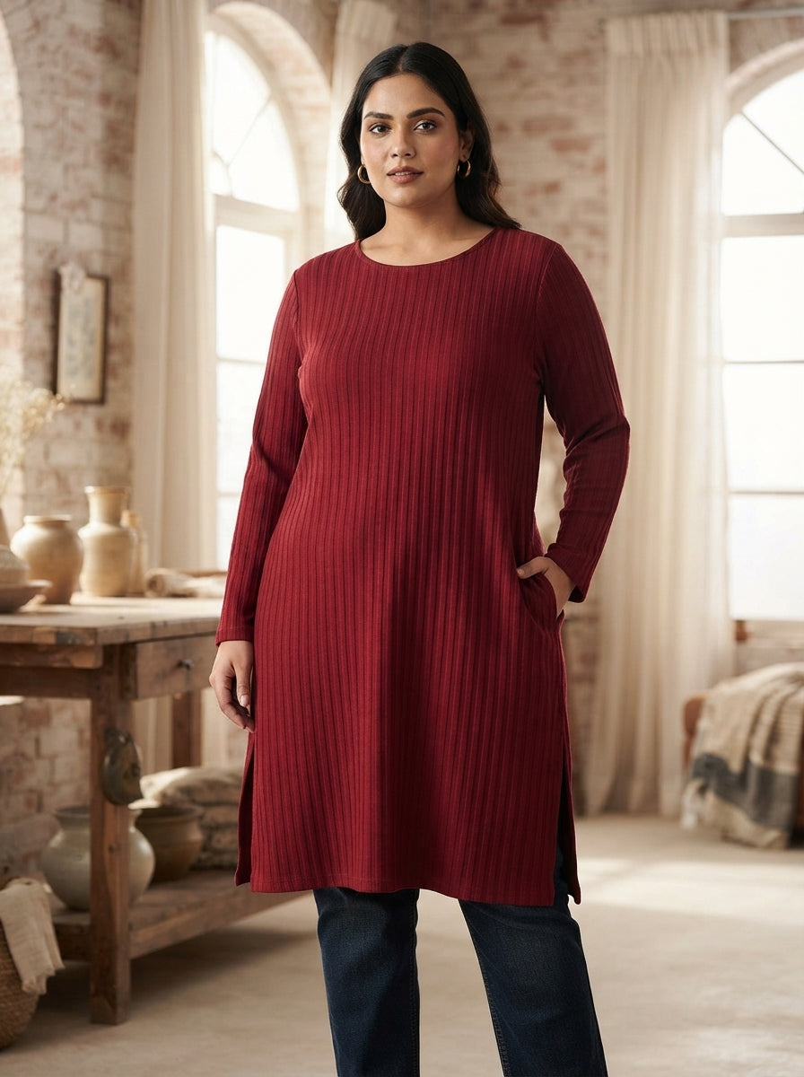 Maroon Ribbed Texture Round Neck Kurti
