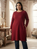 Maroon Ribbed Texture Round Neck Kurti