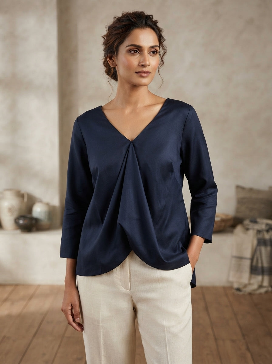 Women's Navy Blue Relaxed Fit Top with Back Bow Detail