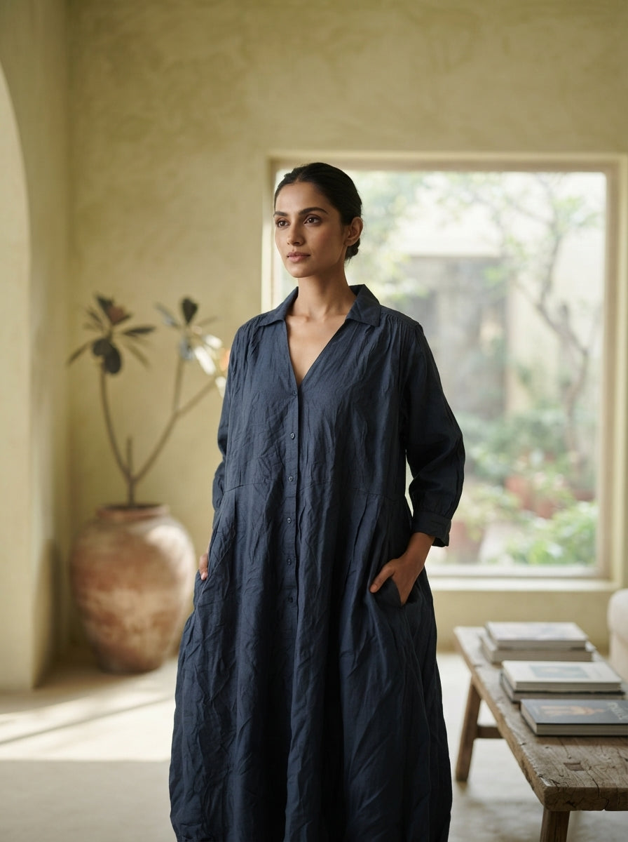 Dark Blue Cotton Relaxed Fit Kaftan Dress