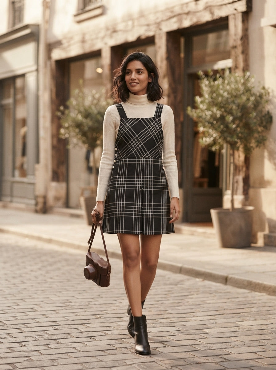 Black Plaid Regular Fit Pinafore Dress
