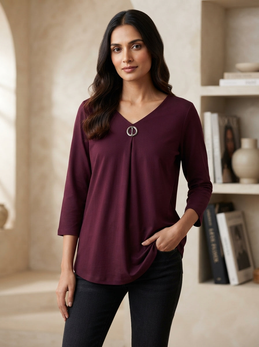 Women's Wine Solid V-Neck Tunic Top with Embellishment