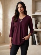 Women's Wine Solid V-Neck Tunic Top with Embellishment