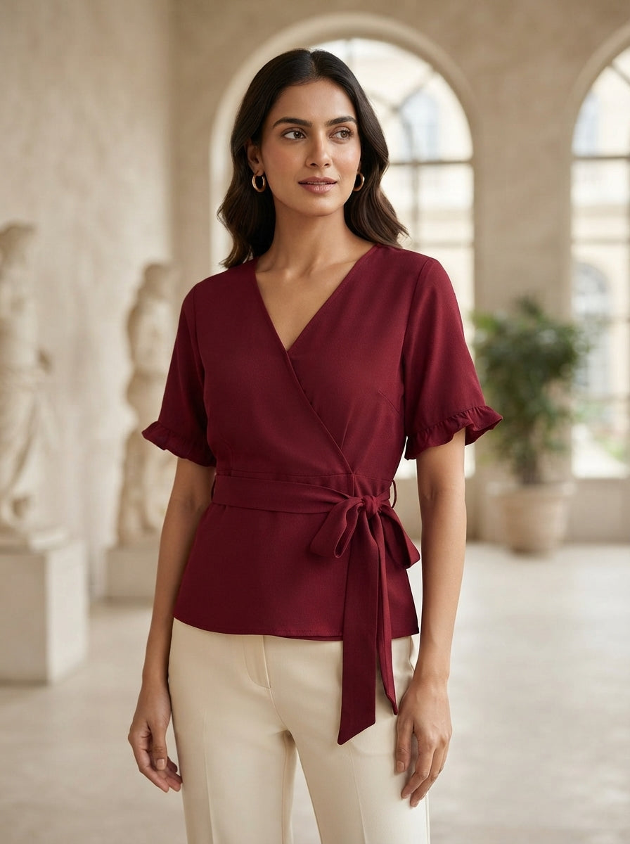 Women's Wine Solid V-Neck Wrap Top with Tie-Up Waist