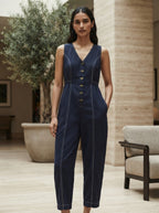 Navy Blue Sleeveless Button-Front Jumpsuit with Contrast Stitching
