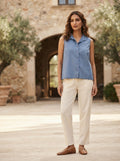 Blue Sleeveless Top with Scalloped Hem and Pearl Collar