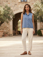 Blue Sleeveless Top with Scalloped Hem and Pearl Collar