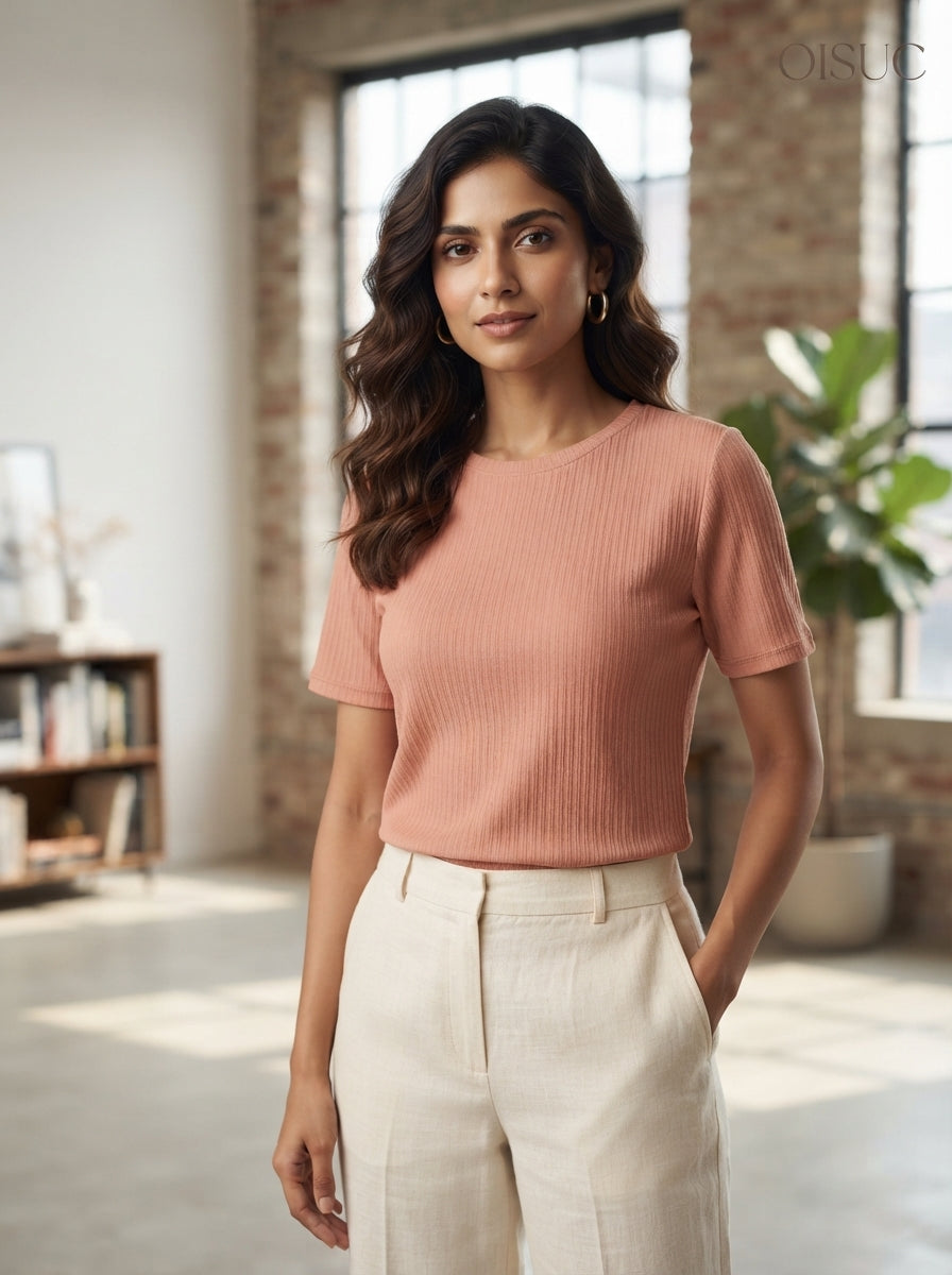 Women's Peach Solid Ribbed T-Shirt