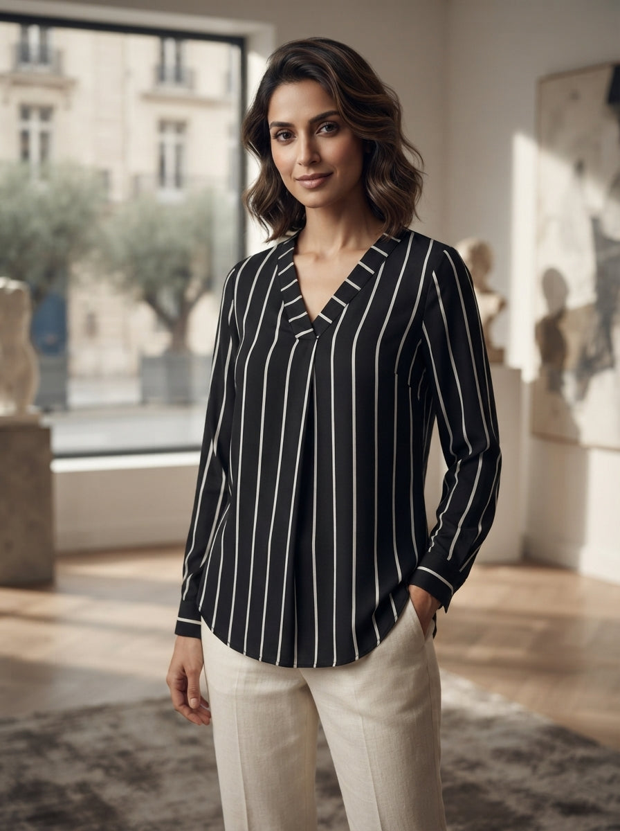 Women's Black & White Striped V-Neck Long Sleeve Top