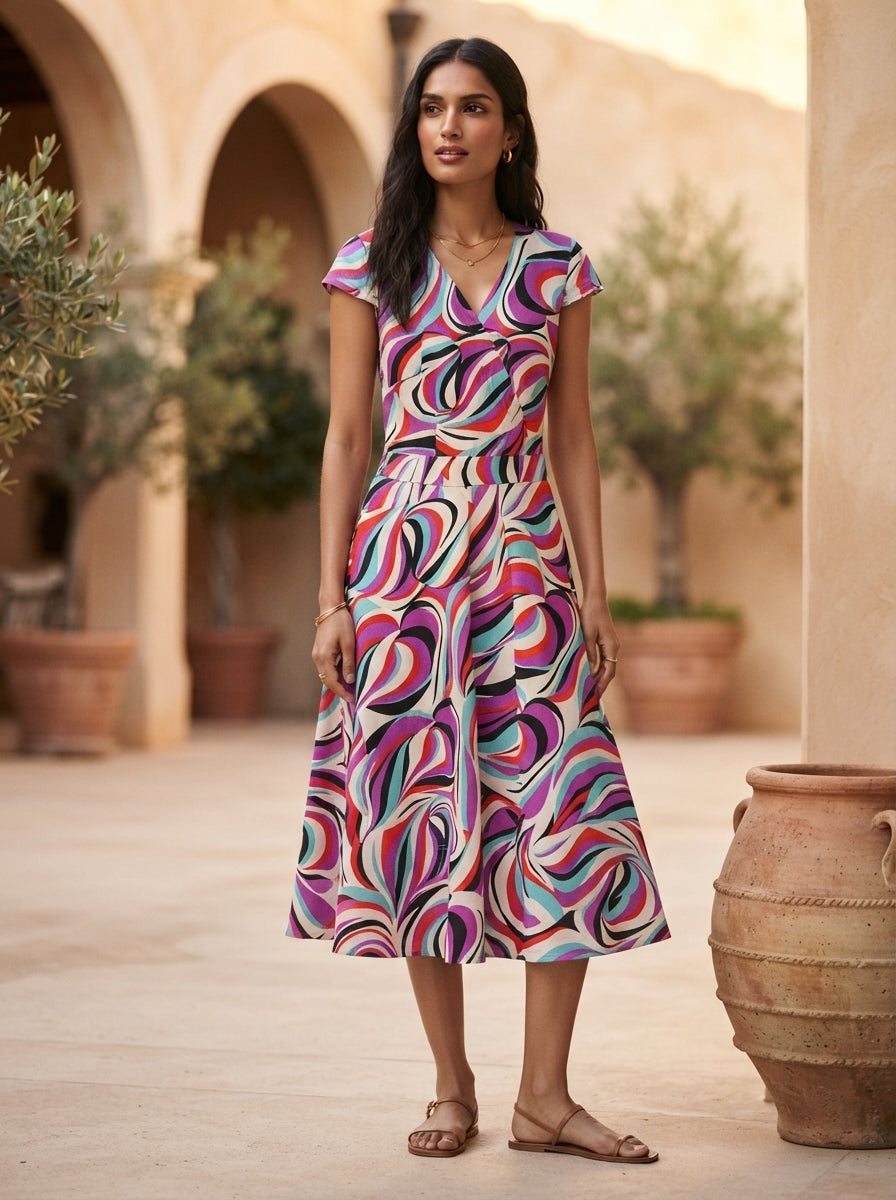 Women's Multi-Color Abstract Print Flared Dress