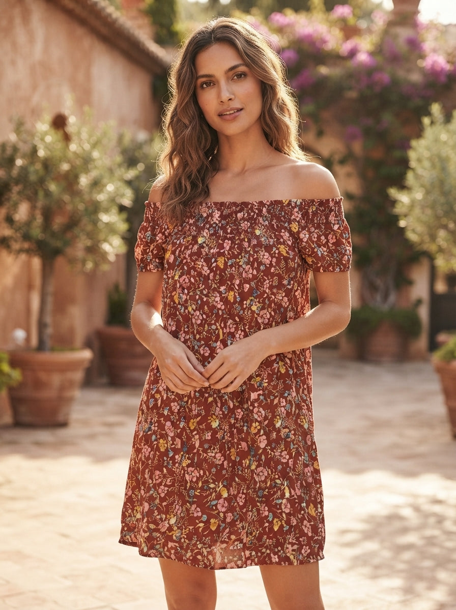 Rust Floral Print Off-Shoulder Relaxed Fit Dress