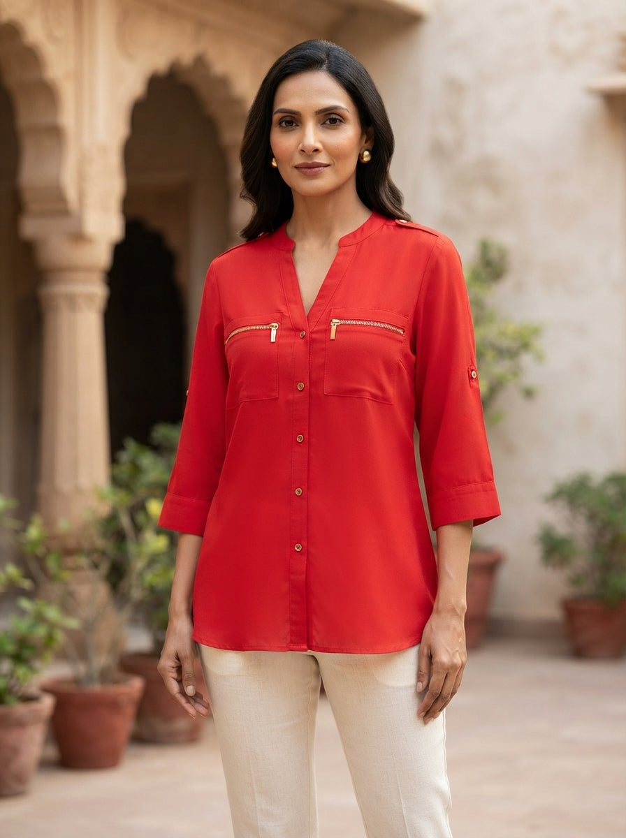 Women's Red Solid Regular Fit Casual Top