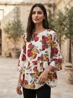 White Floral Printed Tiered Top